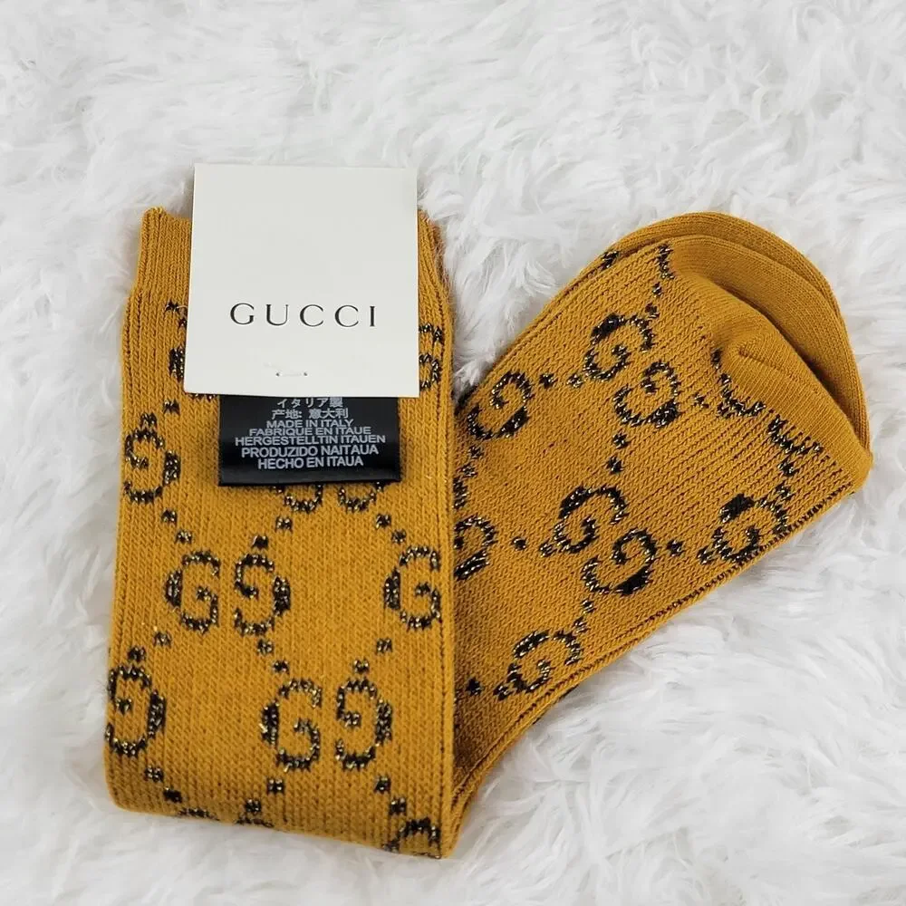 Gucci Crew Socks Unisex GG Logo Metallic 100% Authentic Yellow Brown Luxury New